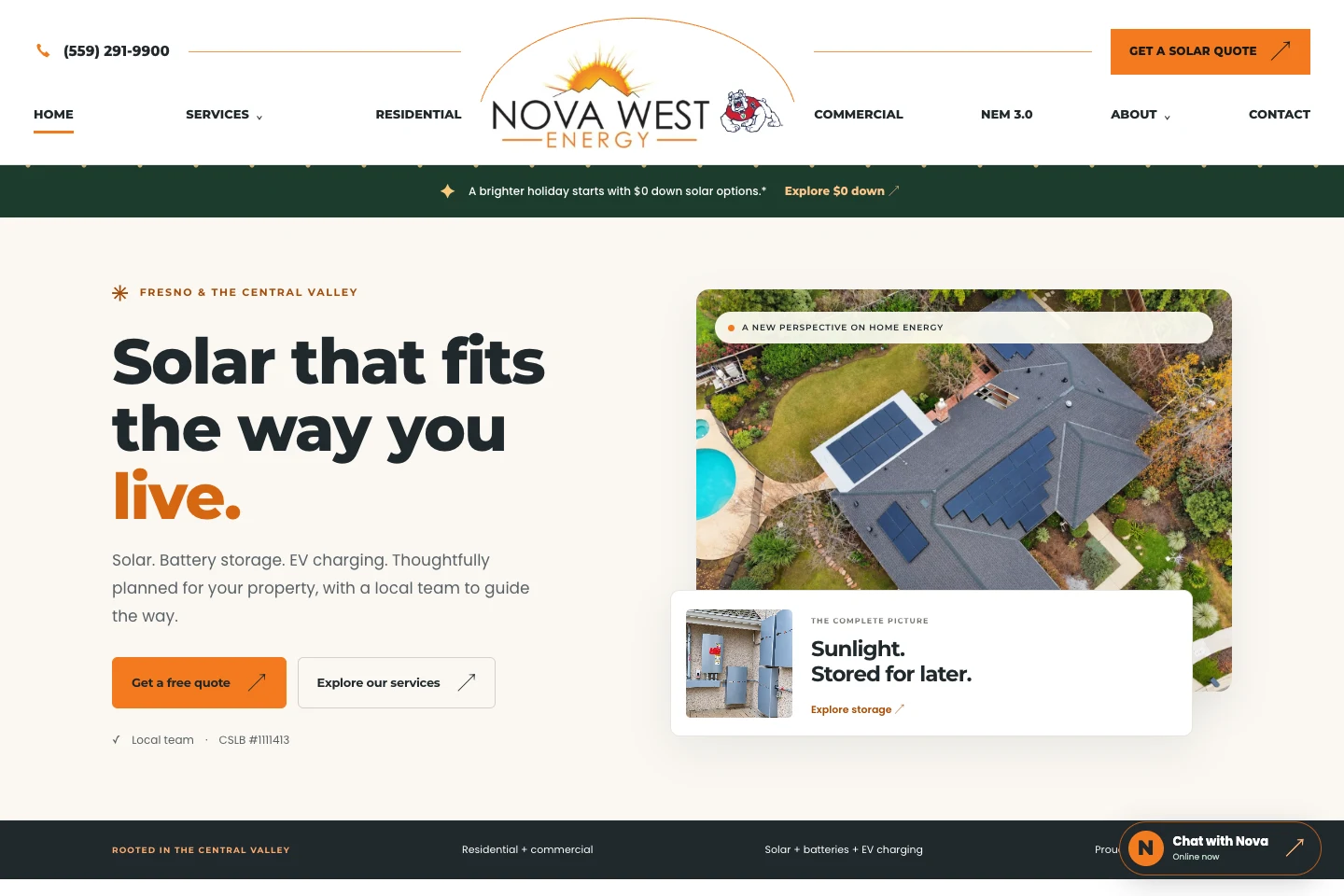 Nova West Energy's redesigned homepage with solar project imagery and service navigation